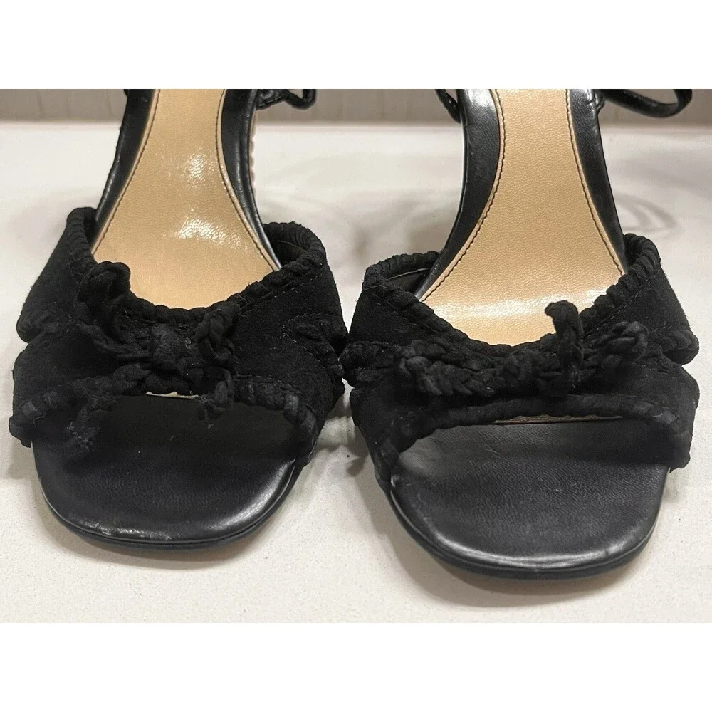 Franco Sarto Black Leather L-Jive Ankle Strap Wicker Wedge Heel Sandal Sz 8 1/2